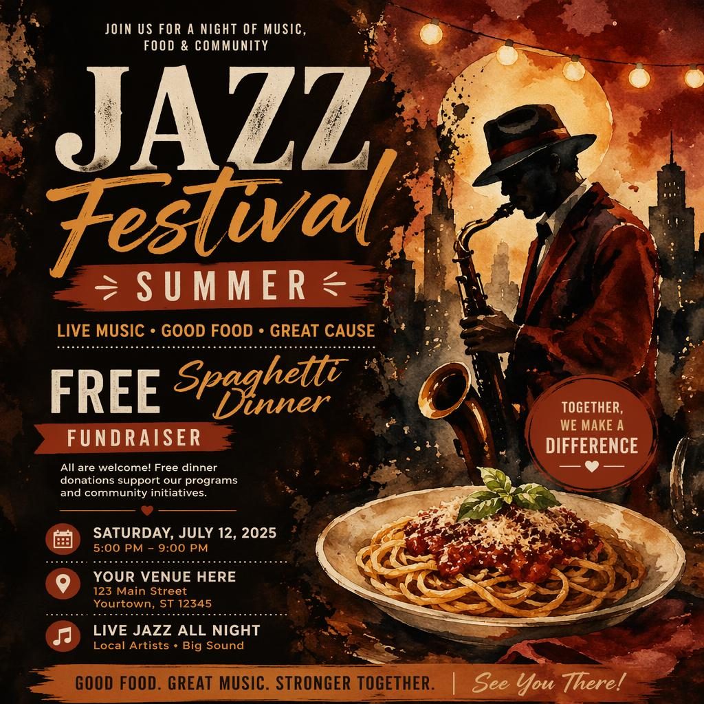 Watercolor event poster for Jazz Festival Summer with a dark festive mood, rust autumn palette, and clean date and venue placeholders.