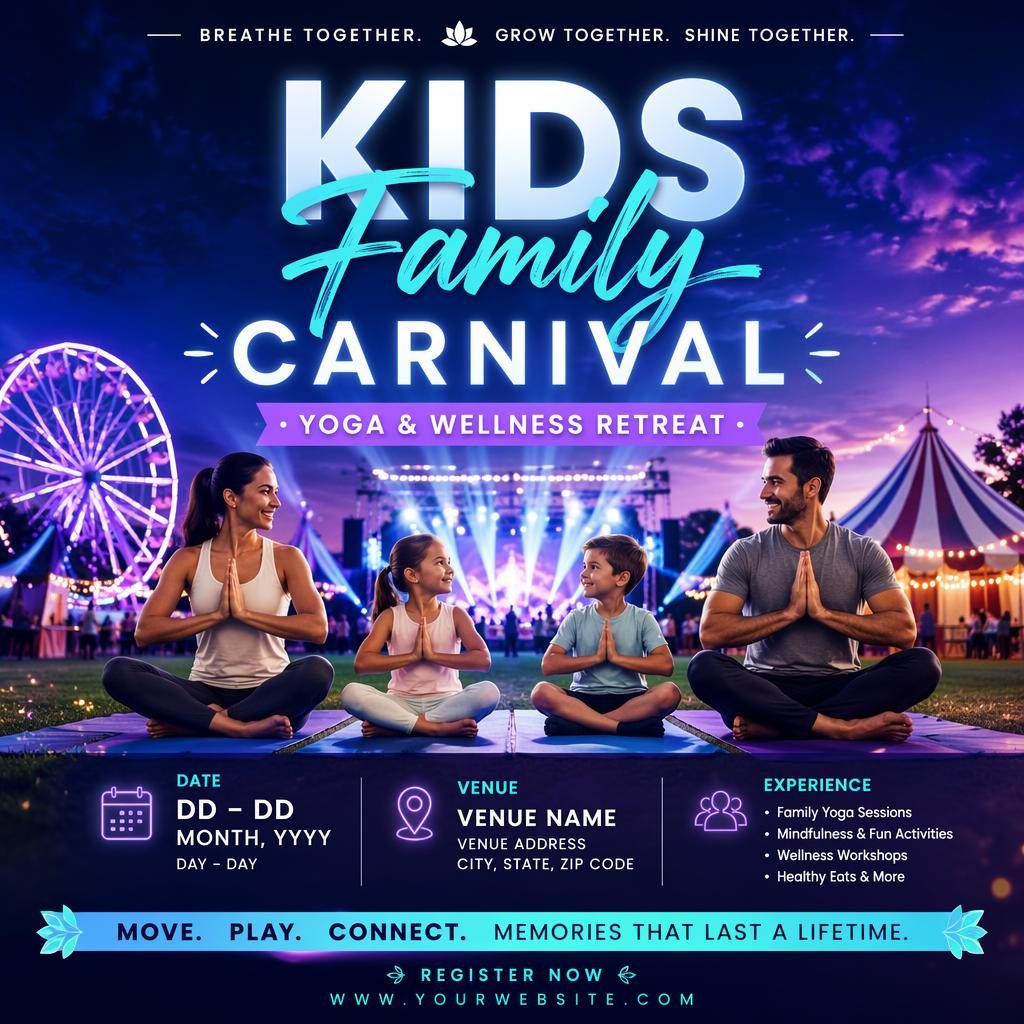 Photographic event poster for a kids family carnival wellness retreat with neon cool tones and clean placeholder date, venue, and title text.