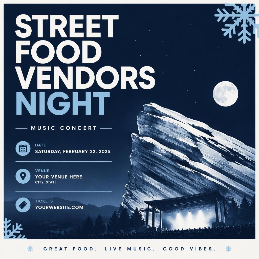 Minimalist Swiss-style winter concert poster for Street Food Vendors Night with icy blue palette and clean event text.