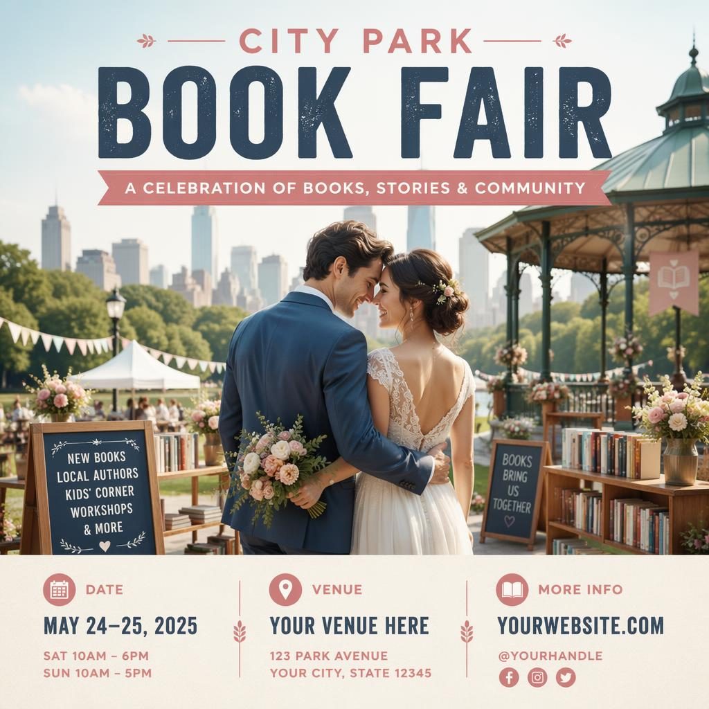 Photographic event poster of a city park book fair styled like a wedding, with pastel tones and clean placeholder text.