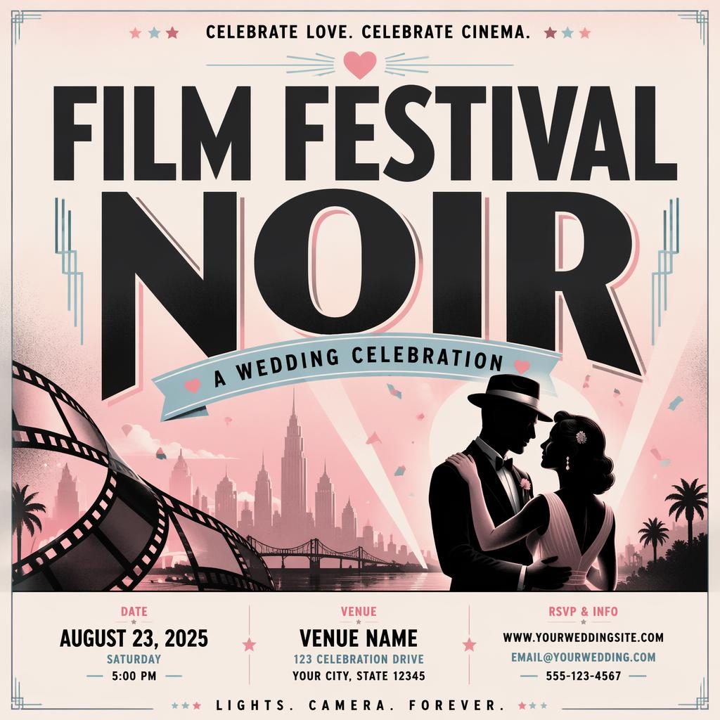 AI event poster with bold typography, pastel film noir styling, joyful wedding mood, and clean date and venue placeholders.
