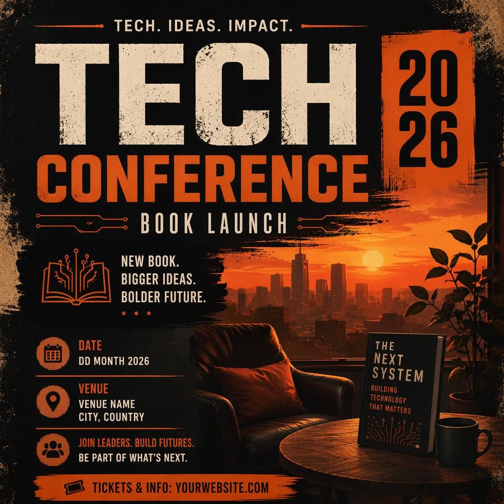 Grunge-Eventposter für eine Tech Conference 2026 mit warmen Sunset-Farben, gemütlicher Stimmung und klar lesbarem Platzhaltertext.