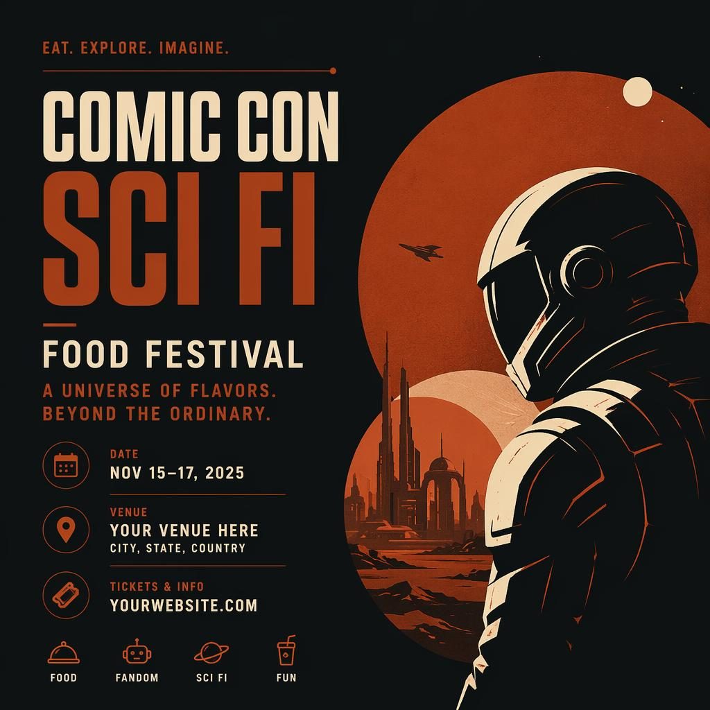 Minimalist Swiss-style sci-fi food festival poster in dark autumn rust tones with sharp English placeholder text for event name, date, and venue.