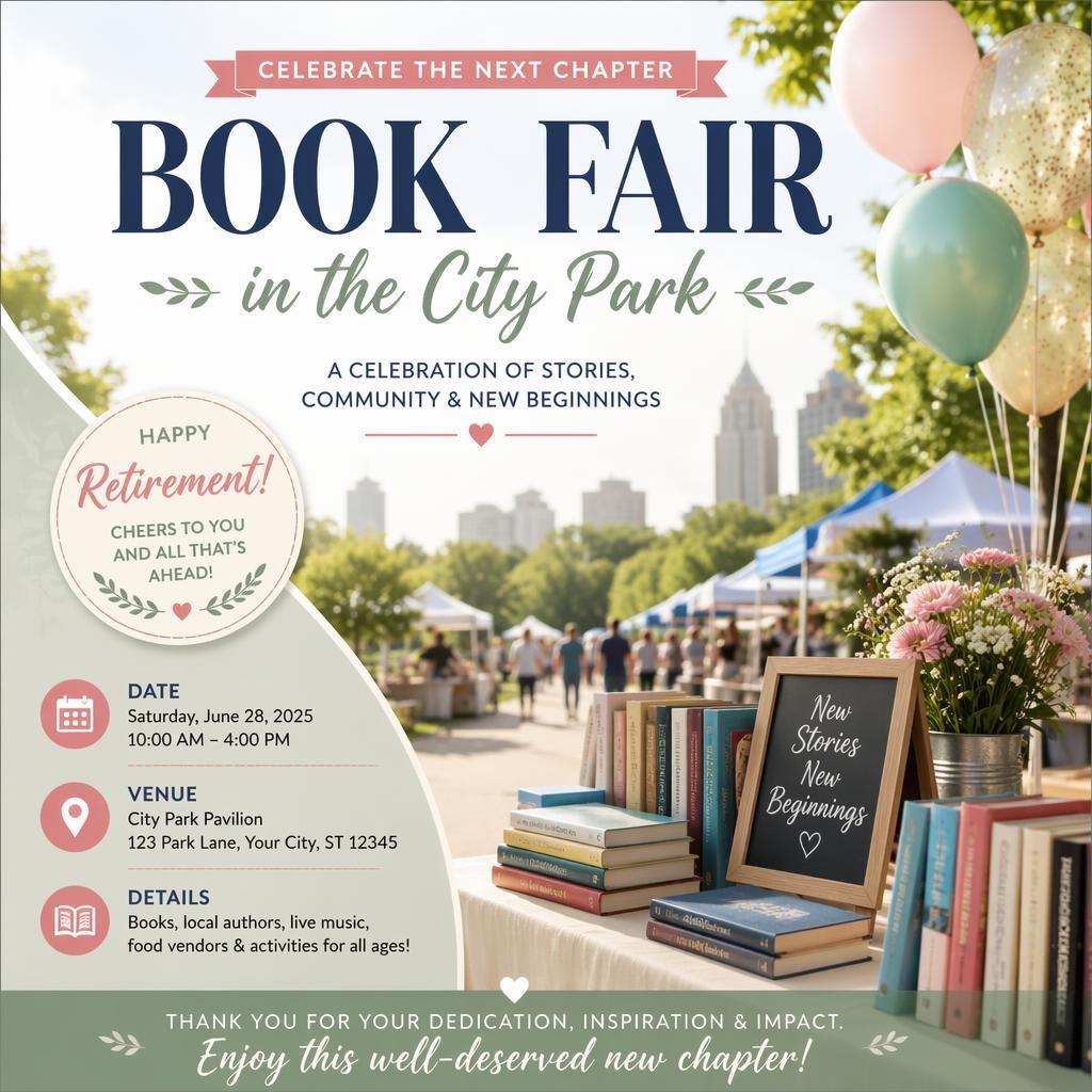 Photographic event poster of a book fair in a city park with pastel festive overlay, joyful holiday mood, and sharp placeholder text.