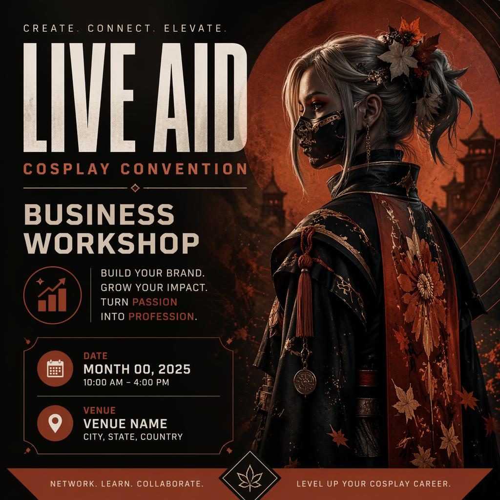 Modern editorial event poster for a cosplay convention business workshop in dark autumn rust tones with clean placeholder text