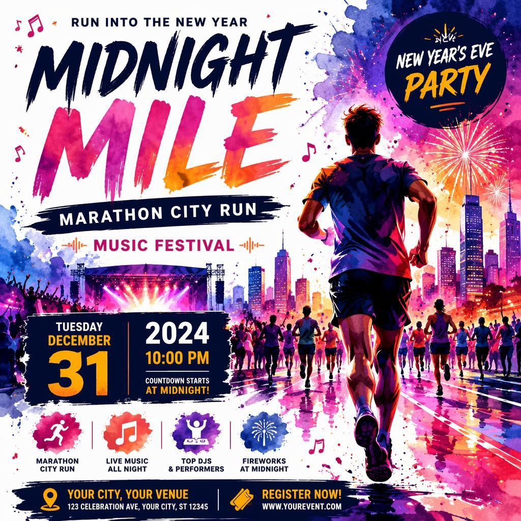 Watercolor event poster for Marathon City Run with festive music festival styling, bold colors, and sharp date venue text.