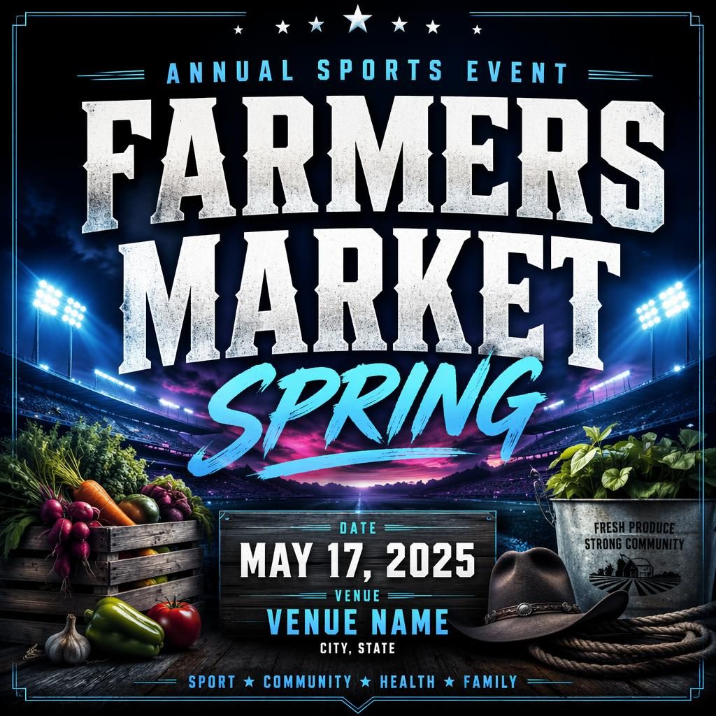 Bold spring farmers market sports event poster with cool neon palette, sharp English placeholder text, and formal typography.