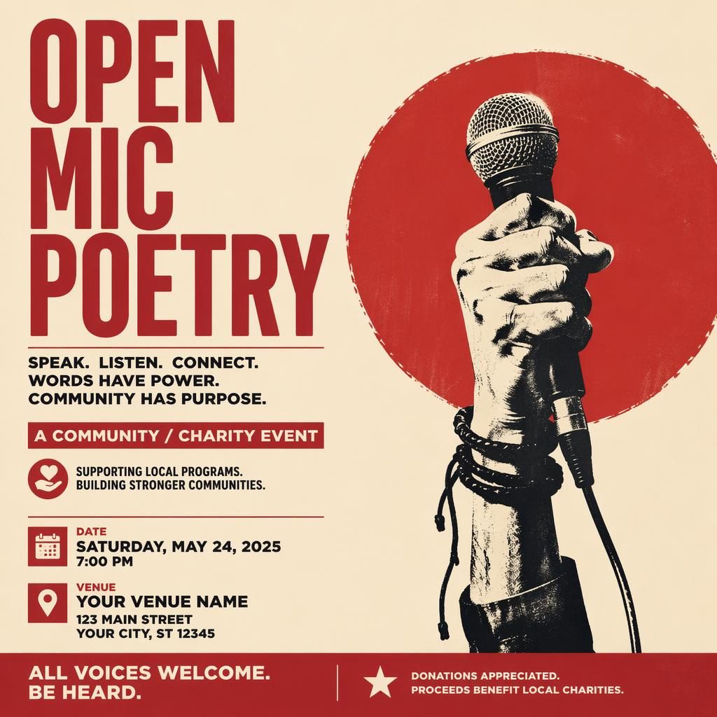 Minimalist Swiss-style open mic poetry event poster in cream and red with bold typography and clean date and venue placeholders.