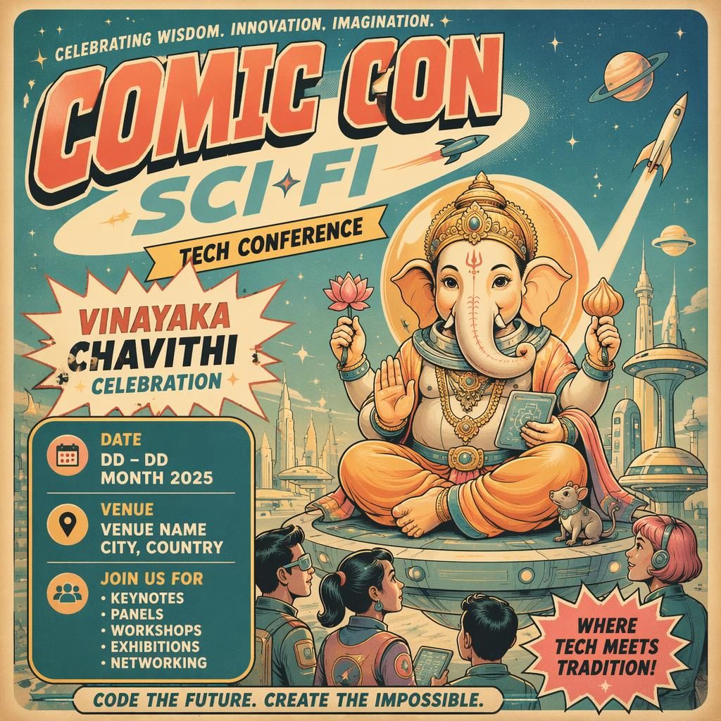 Vintage 1960s-style sci-fi comic con event poster with pastel colors, joyful mood, and sharp placeholder text.