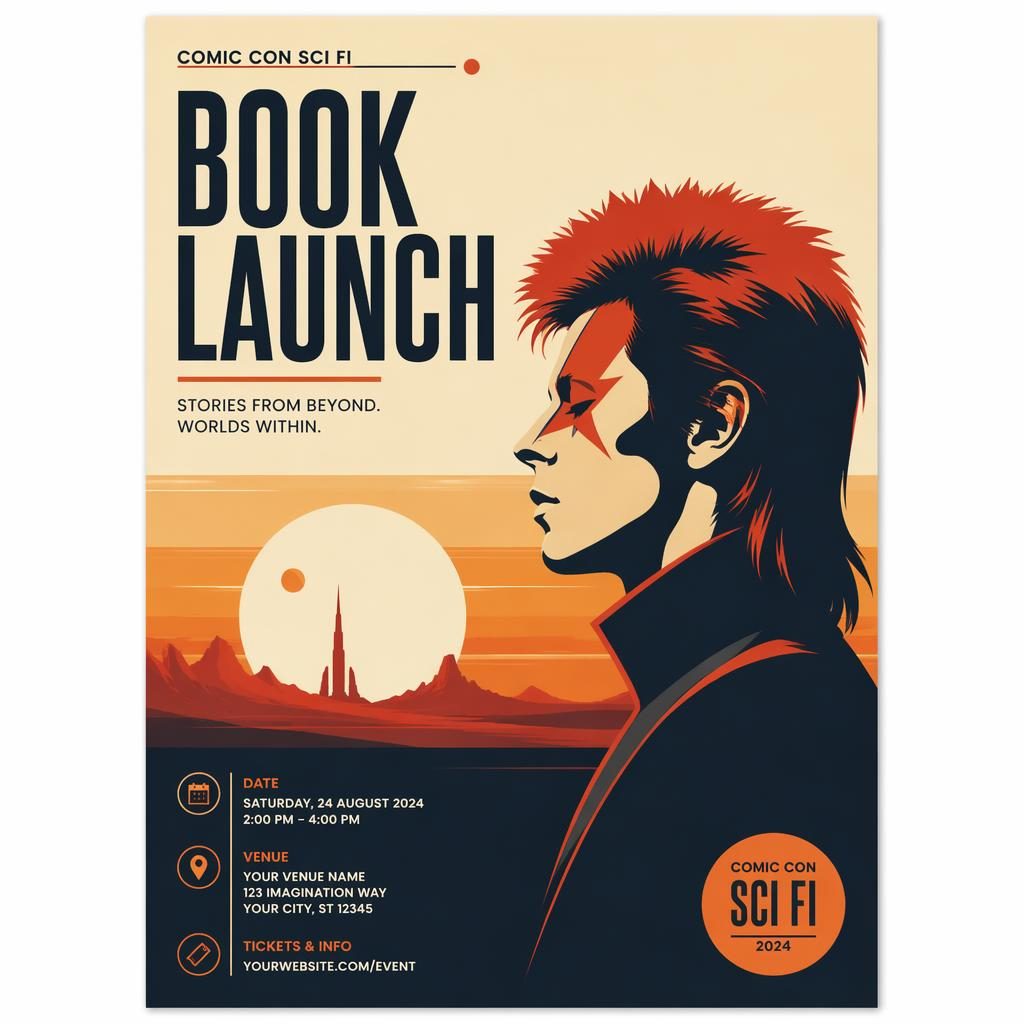 Minimalist Swiss-style sci-fi comic con book launch poster with warm sunset tones and sharp event, date, and venue text.