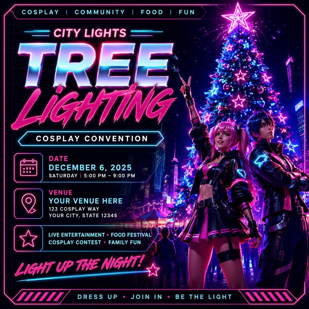 Retro 1980s neon event poster for a cosplay convention food festival with clean English placeholder text, cool neon palette, and formal layout.