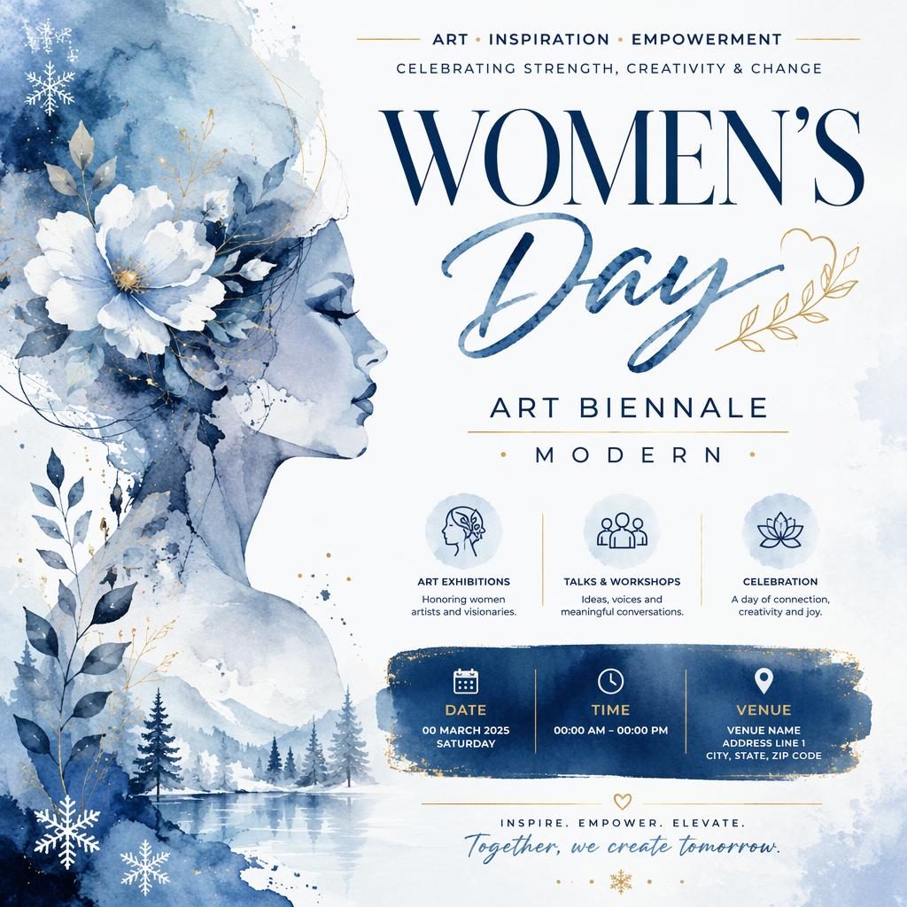 Modern watercolor wedding event poster in icy winter tones with festive layout and sharp English placeholder text.