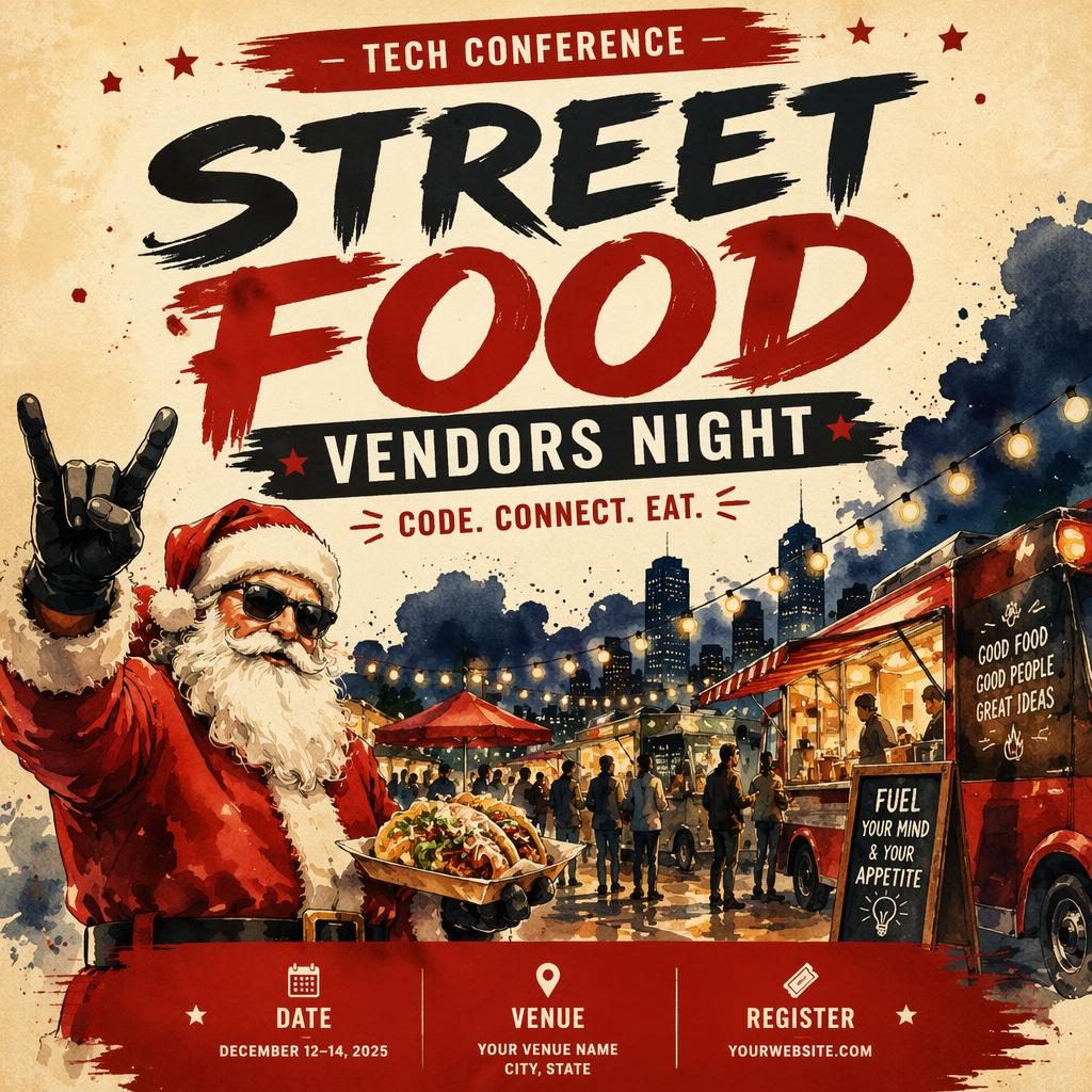 Watercolor event poster showing a street food vendors night for a tech conference in cream and red with bold typography.