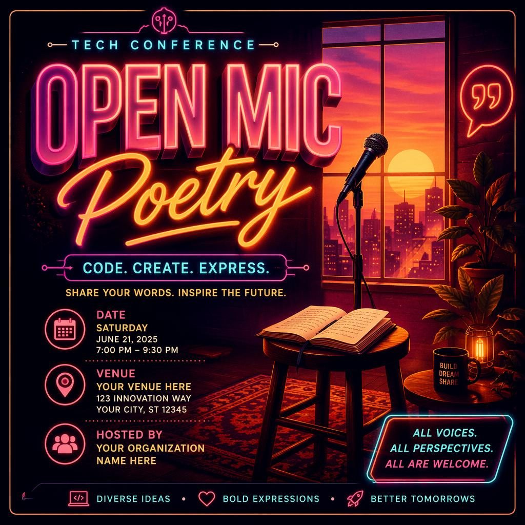 Retro 1980s neon event poster for open mic poetry at a tech conference, with warm sunset tones and sharp placeholder text.