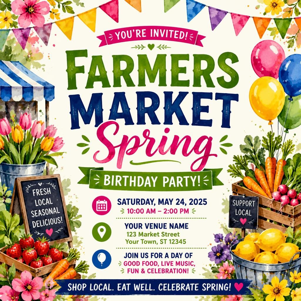 Watercolor festive event poster for Farmers Market Spring with bold colors, readable date and venue placeholders, party vibe