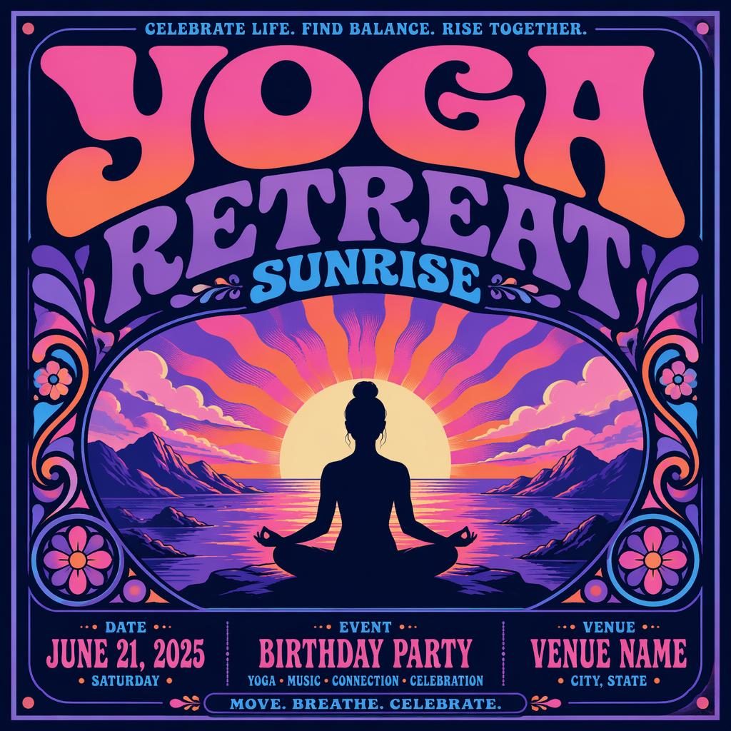 Event poster for a yoga retreat sunrise party with bold typography, neon cool colors, and clean date and venue placeholders.