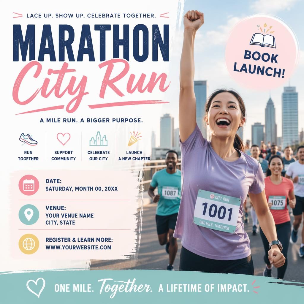 Photographic event poster of a joyful city marathon run with pastel tones, clean English placeholder text, and print-ready layout.