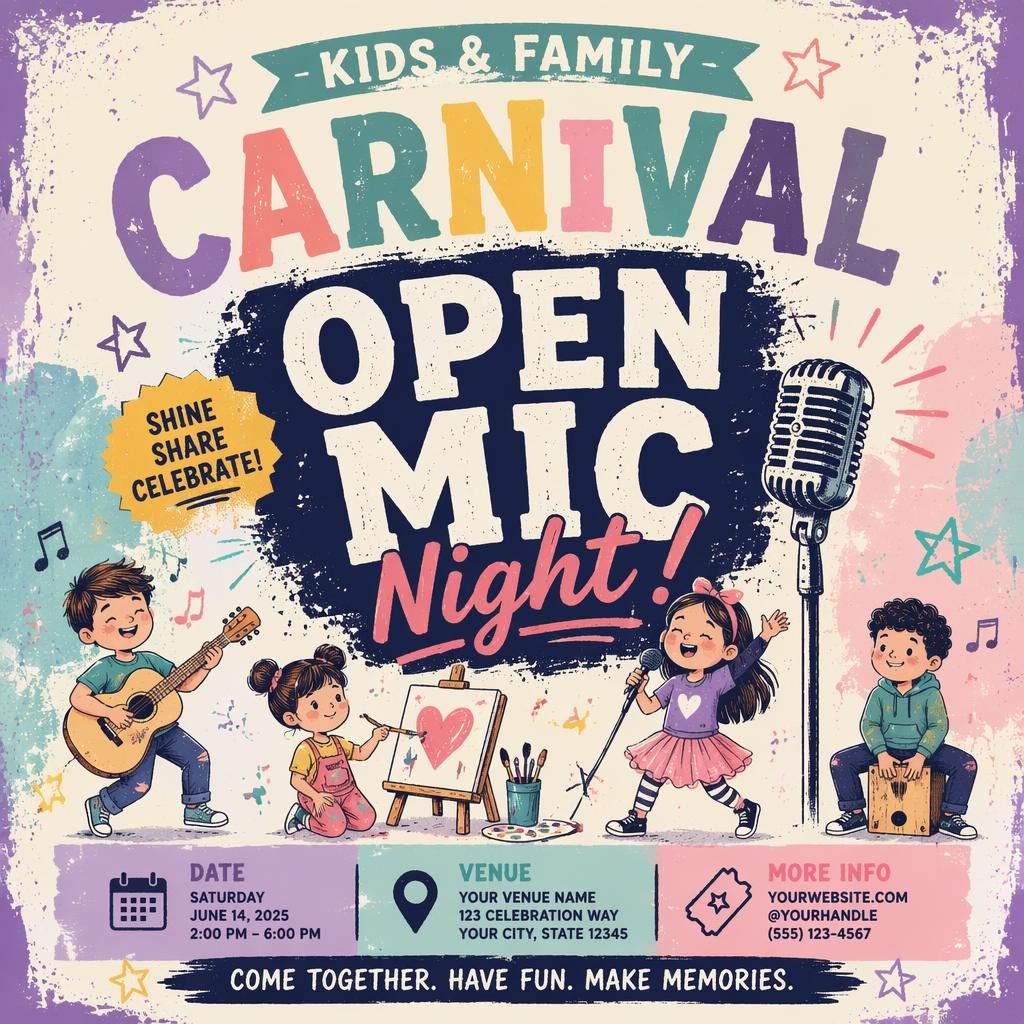 Pastel grunge event poster for a kids family carnival art exhibition with joyful carnival visuals and clean placeholder text.