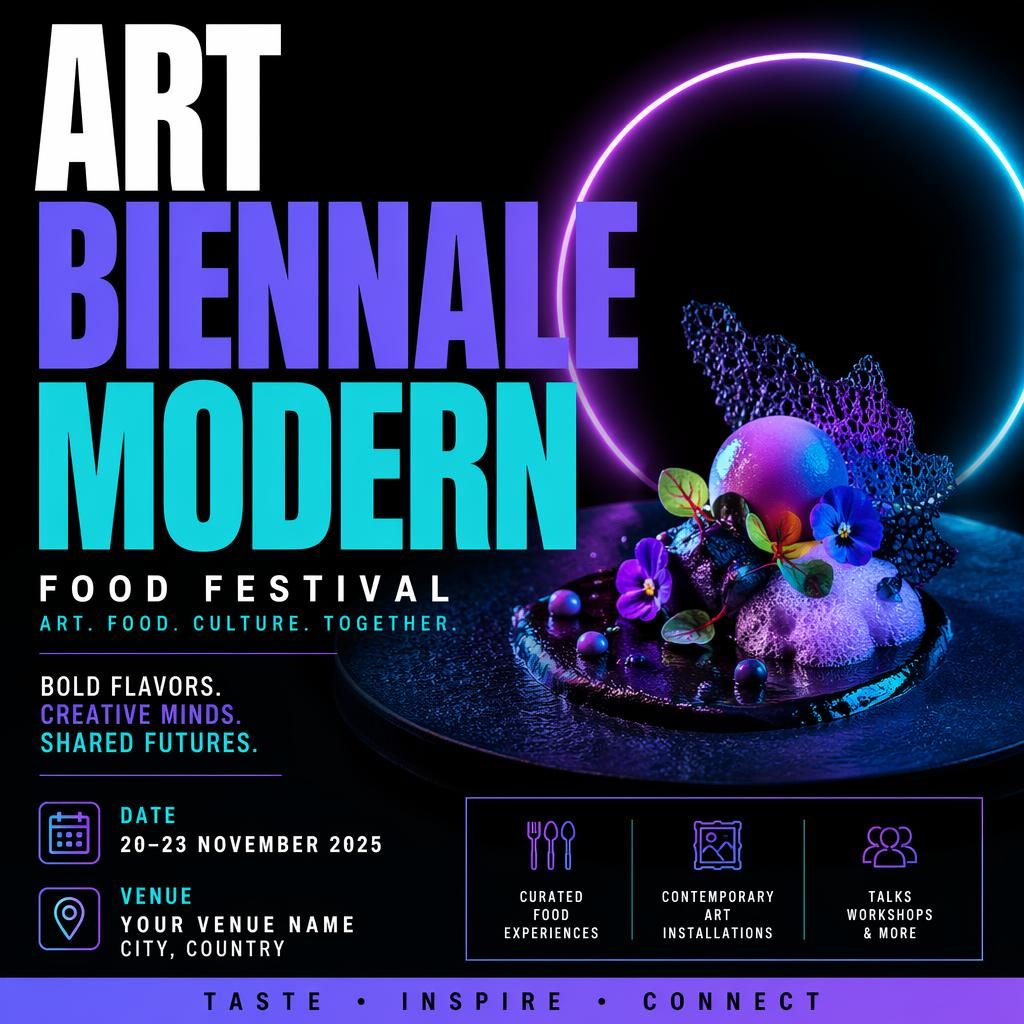 Modern food festival event poster with bold typography, cool neon palette, and clean date and venue placeholder text.
