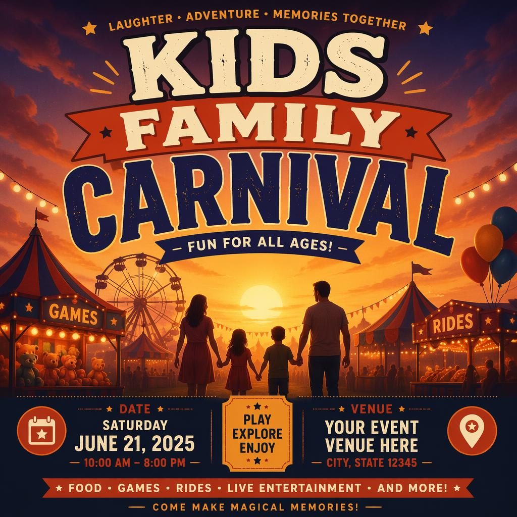 AI event poster for a kids family carnival with bold typography, warm sunset colors, cozy holiday mood, and clear date venue placeholders.