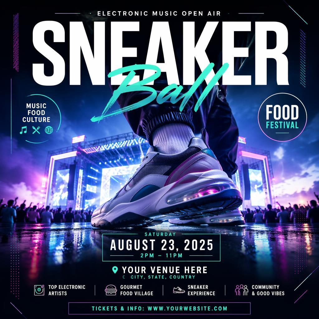 Modern neon event poster for an electronic music open-air food festival with clean English placeholder text and formal layout.