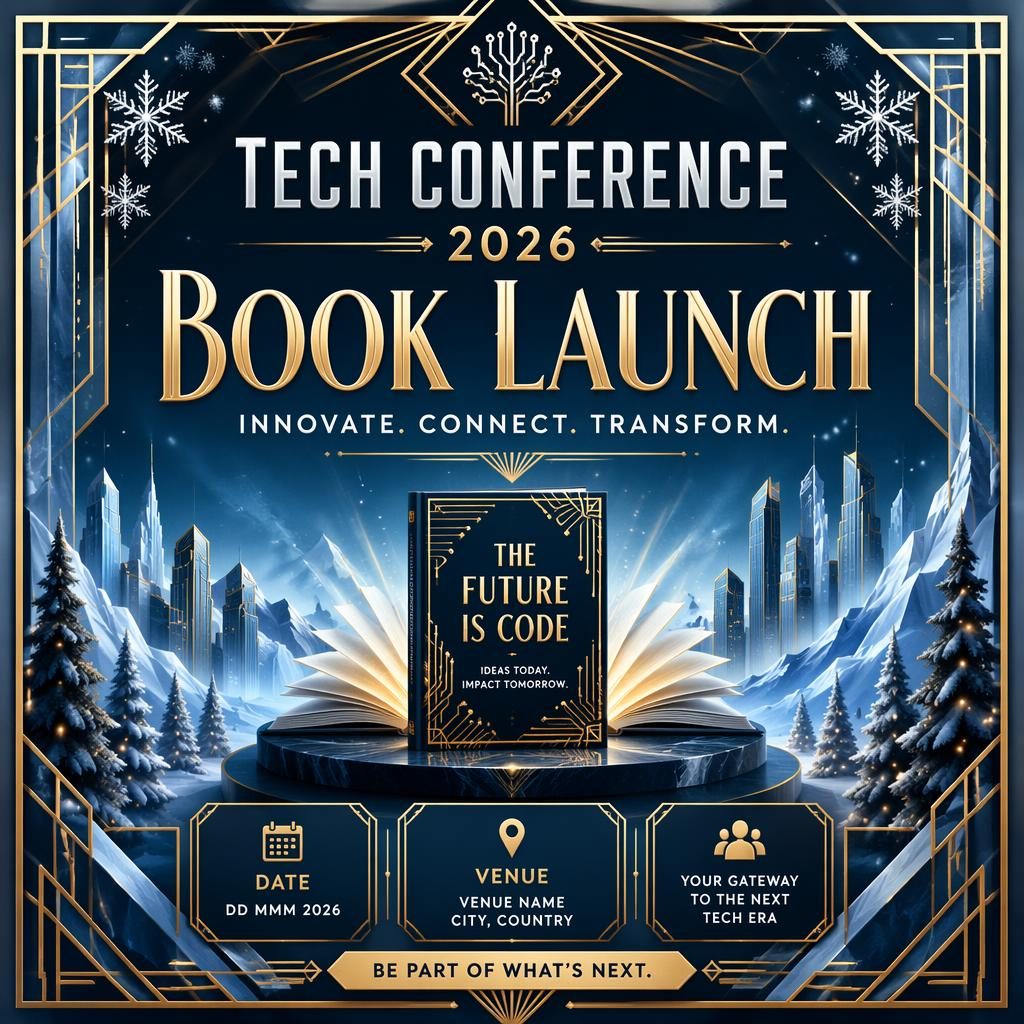 Art deco luxury event poster for Tech Conference 2026 book launch with winter ice colors and clean placeholder text.