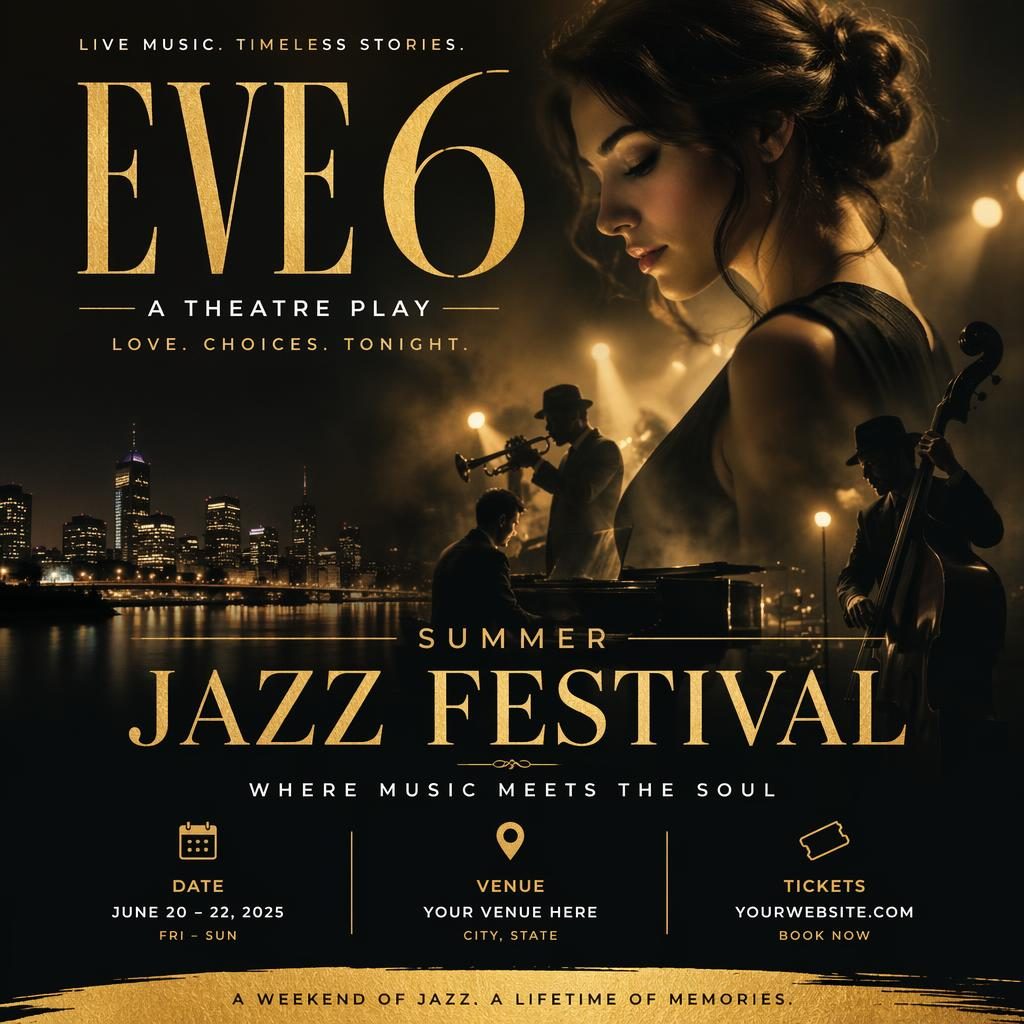 Photographic event poster for a summer theatre play with a dreamy romantic mood, black and gold palette, and clean placeholder text.