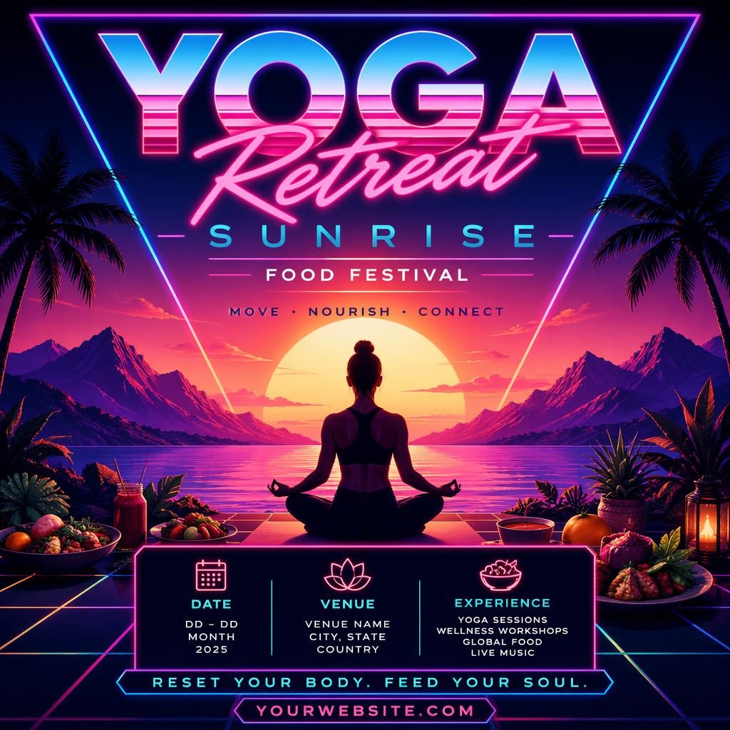 Affiche d’événement rétro néon années 80, lever de soleil yoga, palette froide, texte date et lieu en anglais net