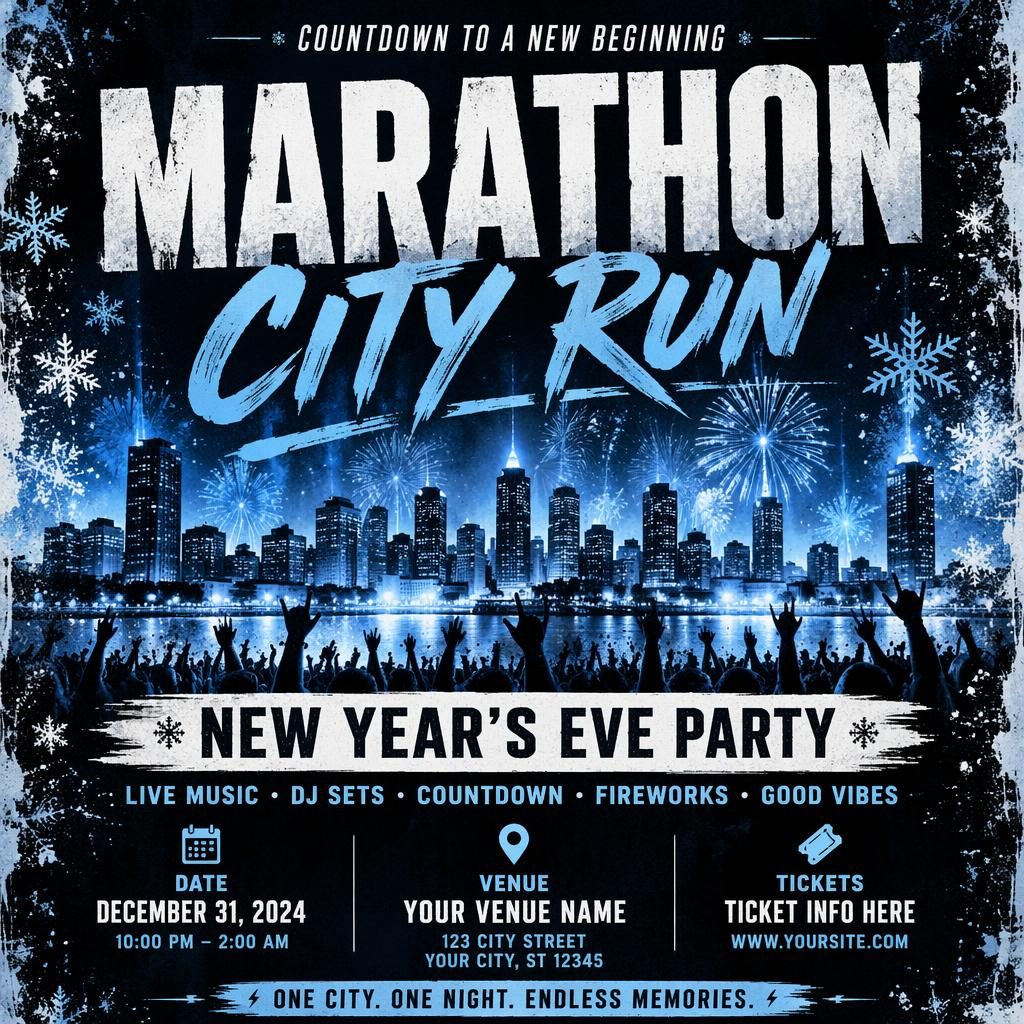 Grunge-style winter concert poster for Marathon City Run with icy blue palette and clean event text placeholders.