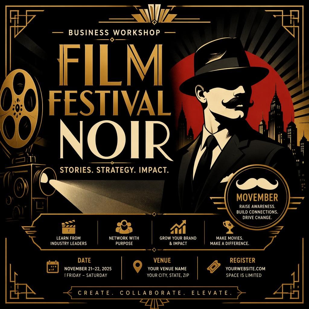 Art deco luxury event poster with film festival noir styling, bold high-contrast colors, and clean English placeholder text.