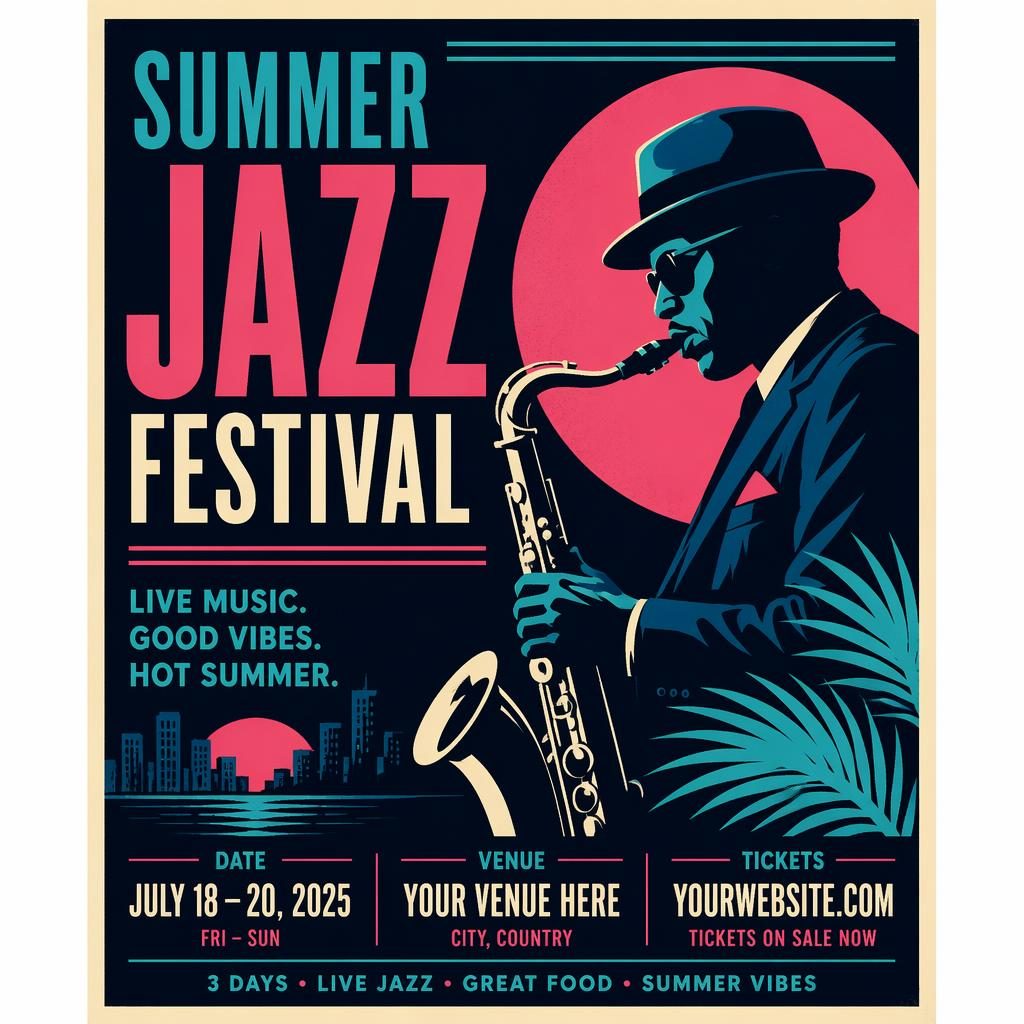 Vintage plakát letního jazz festivalu v neonových barvách, formální styl 60. let, čitelné zástupné texty názvu, data a místa.
