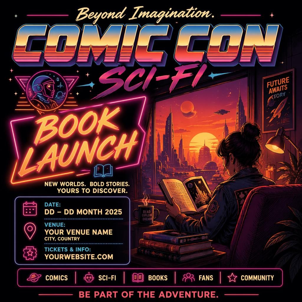 Retro 1980s neon sci-fi book launch poster with warm sunset colors, cozy comic con mood, and sharp event text placeholders.