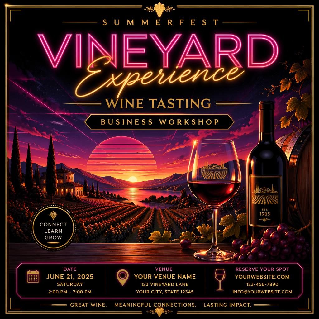 Retro 1980s neon event poster for a wine tasting vineyard business workshop in black and gold with dreamy romantic styling