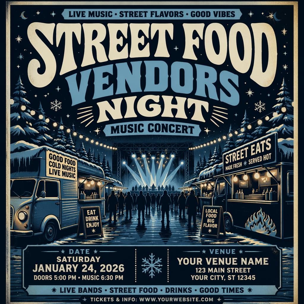 Póster de concierto vintage de los años 60 con puestos de comida callejera nocturnos, paleta helada y tipografía clara.