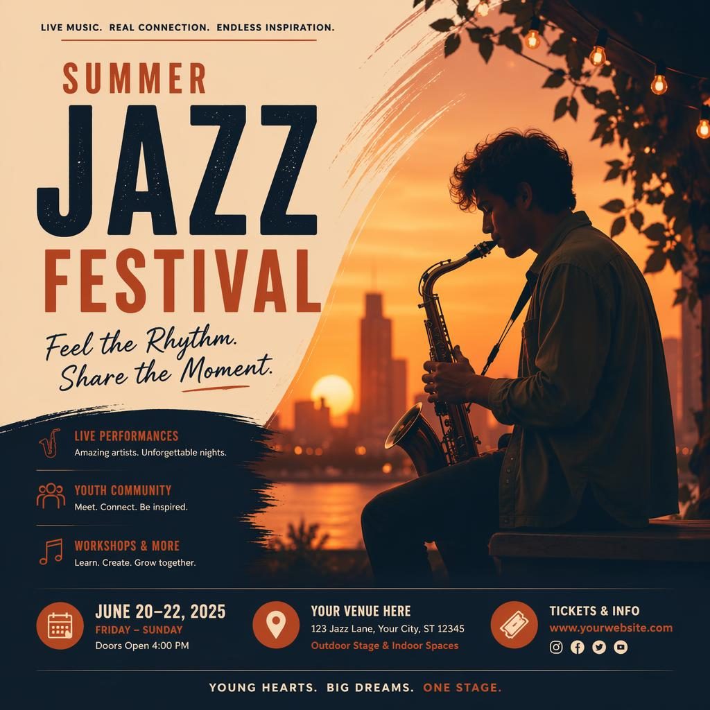Modern event poster with a warm sunset palette, cozy editorial layout, and sharp English placeholder text for name, date, and venue.