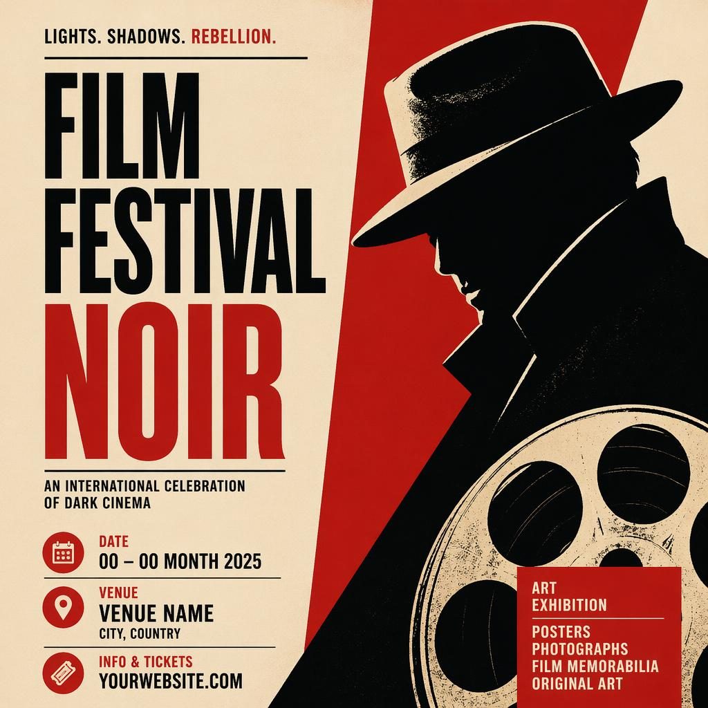 Minimalist Swiss-style noir event poster in cream and red with bold typography and clean placeholder text for name, date, venue.