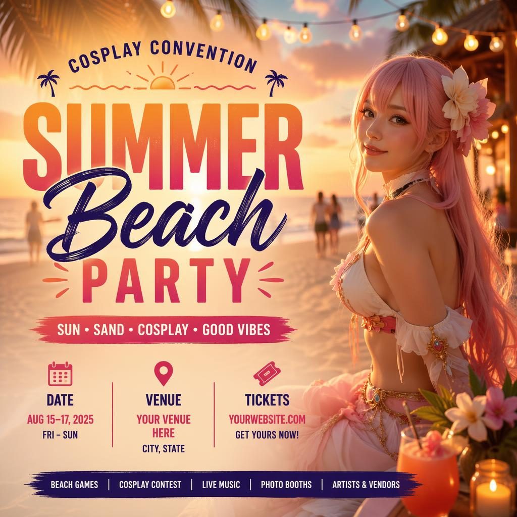 Photographic event poster for a cosplay convention art exhibition with cozy sunset tones, beach-inspired styling, and sharp placeholder text.