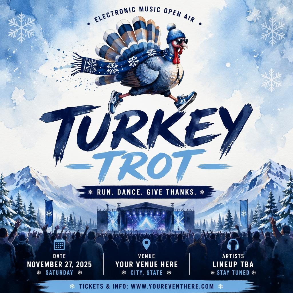 Winter watercolor event poster for an electronic music open air with icy blue tones and sharp English placeholder text.