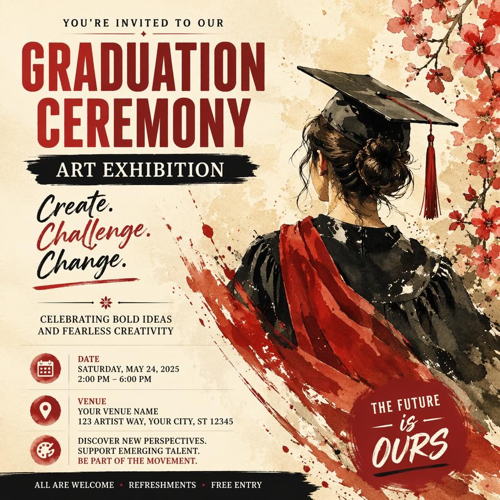 Watercolor event poster for a graduation ceremony art exhibition in cream and red, with bold festive styling and sharp English placeholder text.