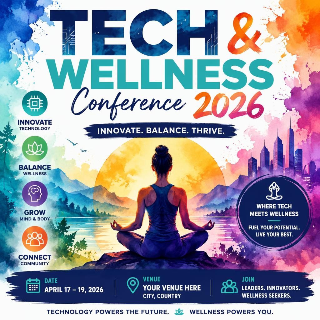 Event poster: tech conference 2026. Event kind: yoga / wellness retreat. Poster style: watercolor festive, energetic moo