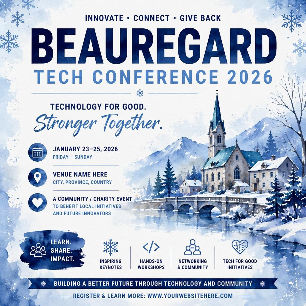 Affiche événementielle tech conference 2026 en style aquarelle festif, palette glacée hivernale et textes fictifs lisibles