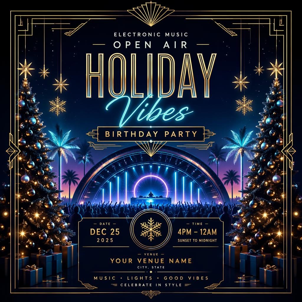 Art deco luxury event poster for an electronic music open air birthday party in a cool neon palette with sharp placeholder text.
