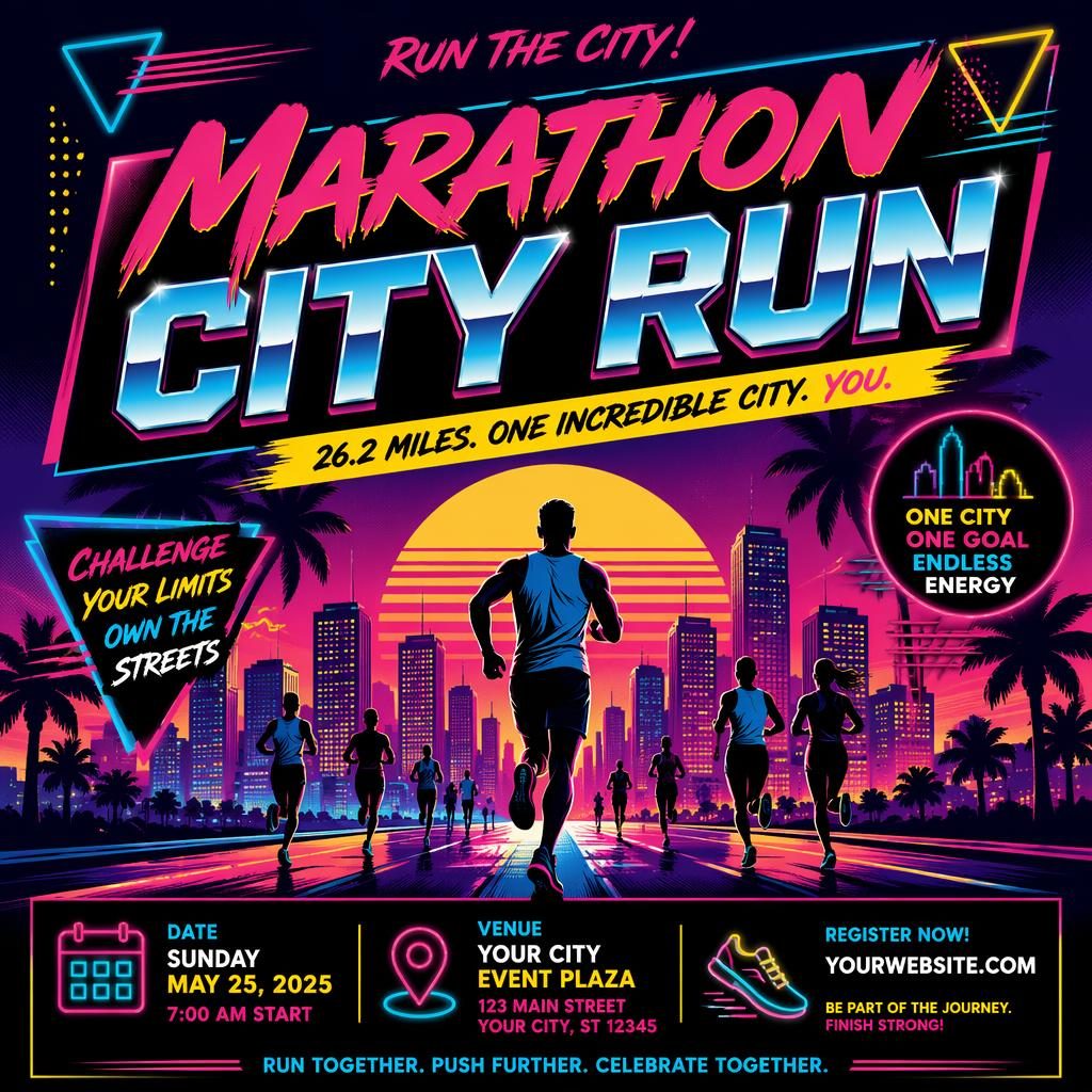 Retro 1980s neon event poster for a marathon city run party with bold colors and clean placeholder text for name, date, and venue.
