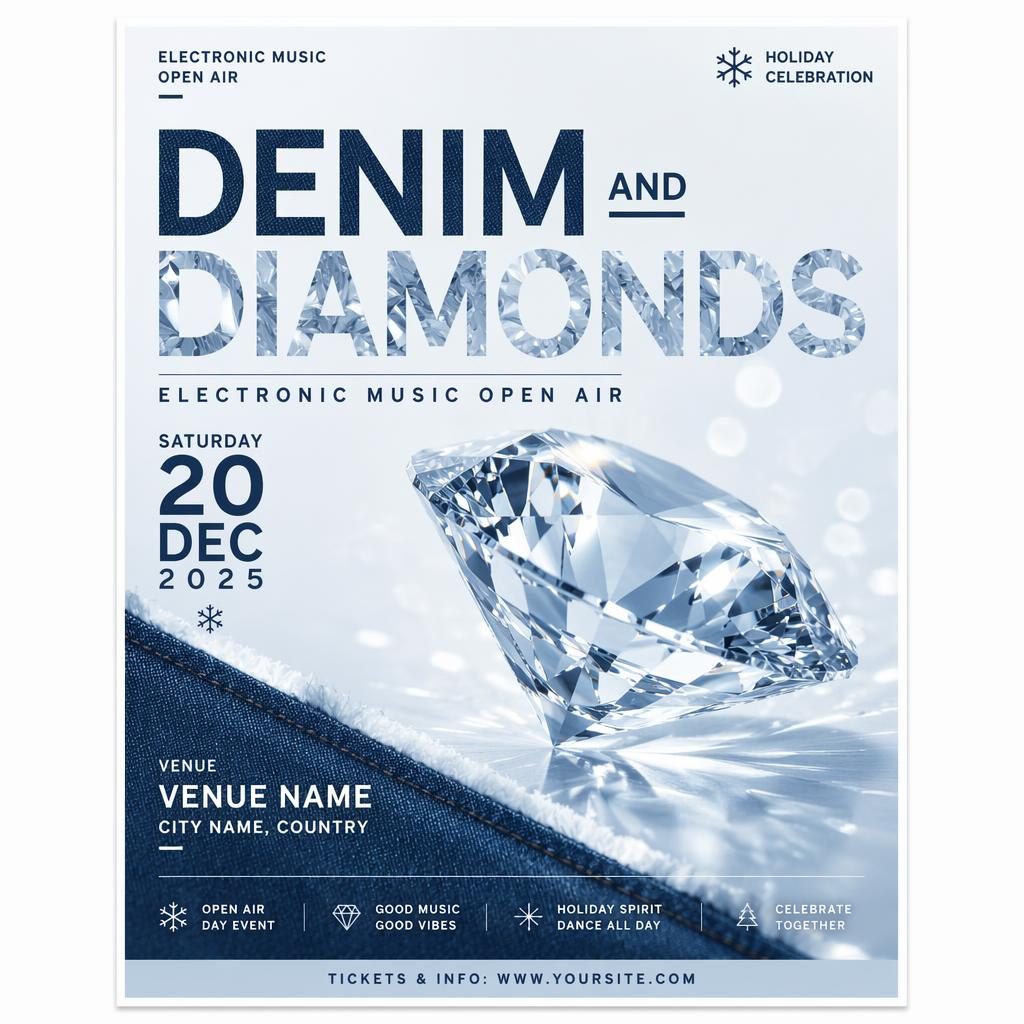 Minimalist Swiss-style winter event poster for an electronic music open air, with ice-blue festive tones and clean placeholder text.