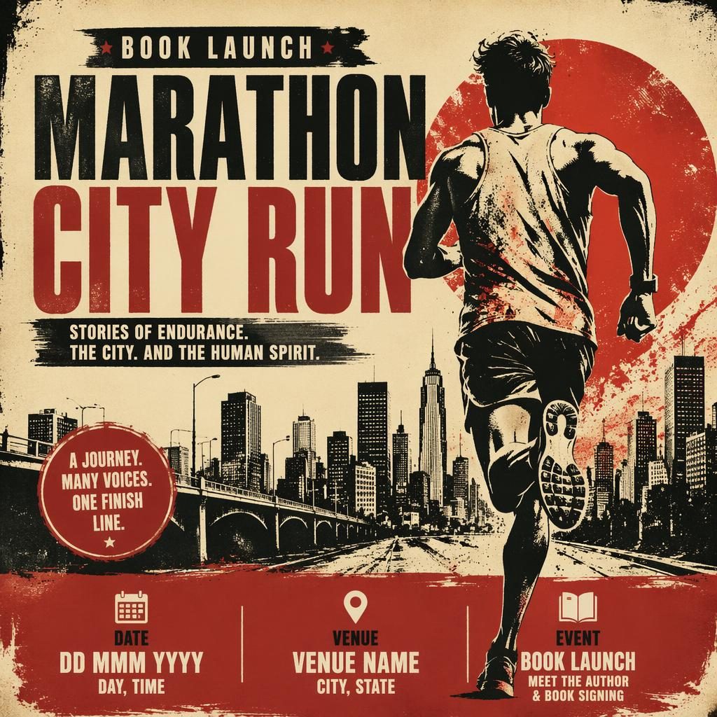 Grunge-style event poster for Marathon City Run with vintage cream and red colors and sharp placeholder text.