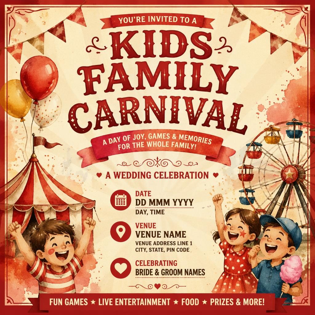 Watercolor event poster with a kids family carnival wedding theme, vintage cream and red palette, and sharp placeholder text.