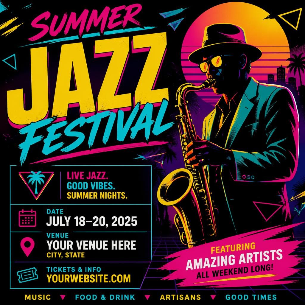 Retro 1980s neon event poster for Jazz Festival Summer with bold high-contrast colors and clear date and venue placeholders.