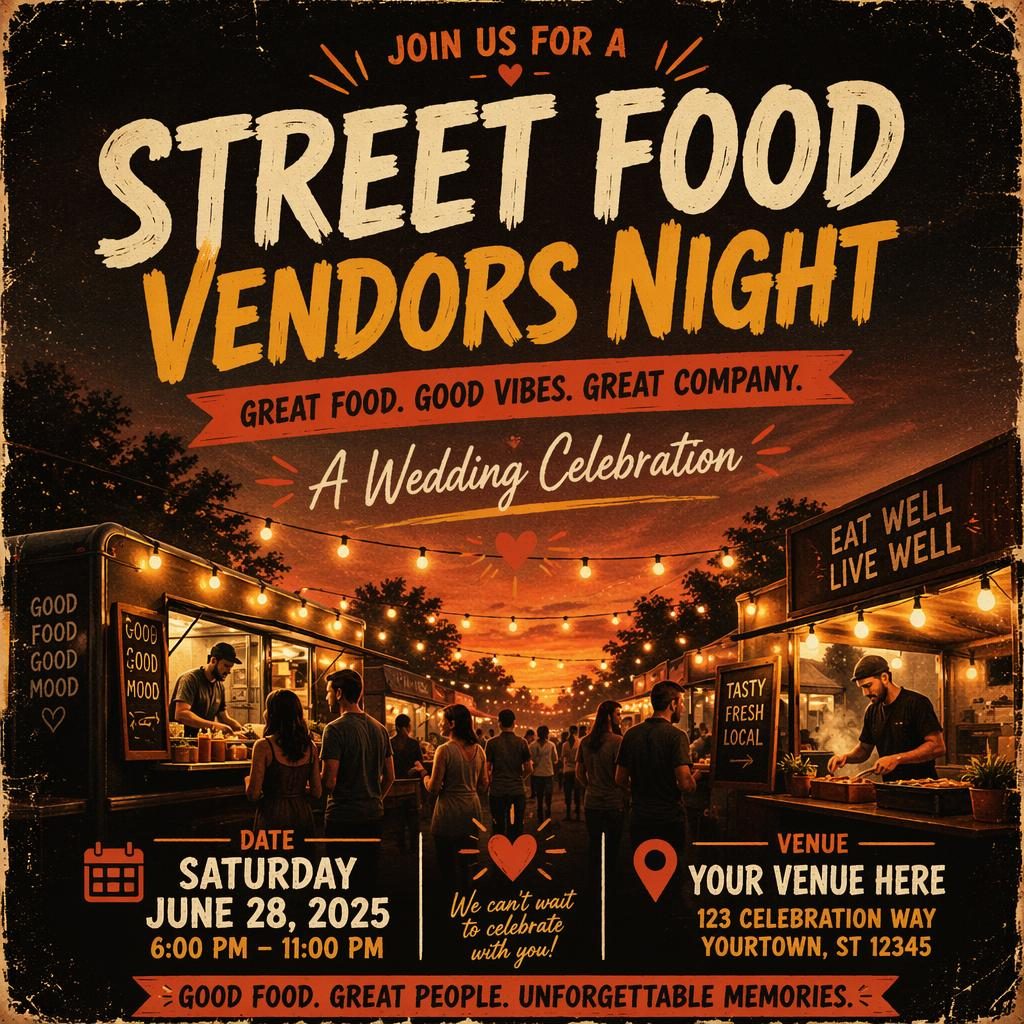Grunge-style wedding event poster showing a cozy street food vendors night at sunset with clean date and venue placeholders.
