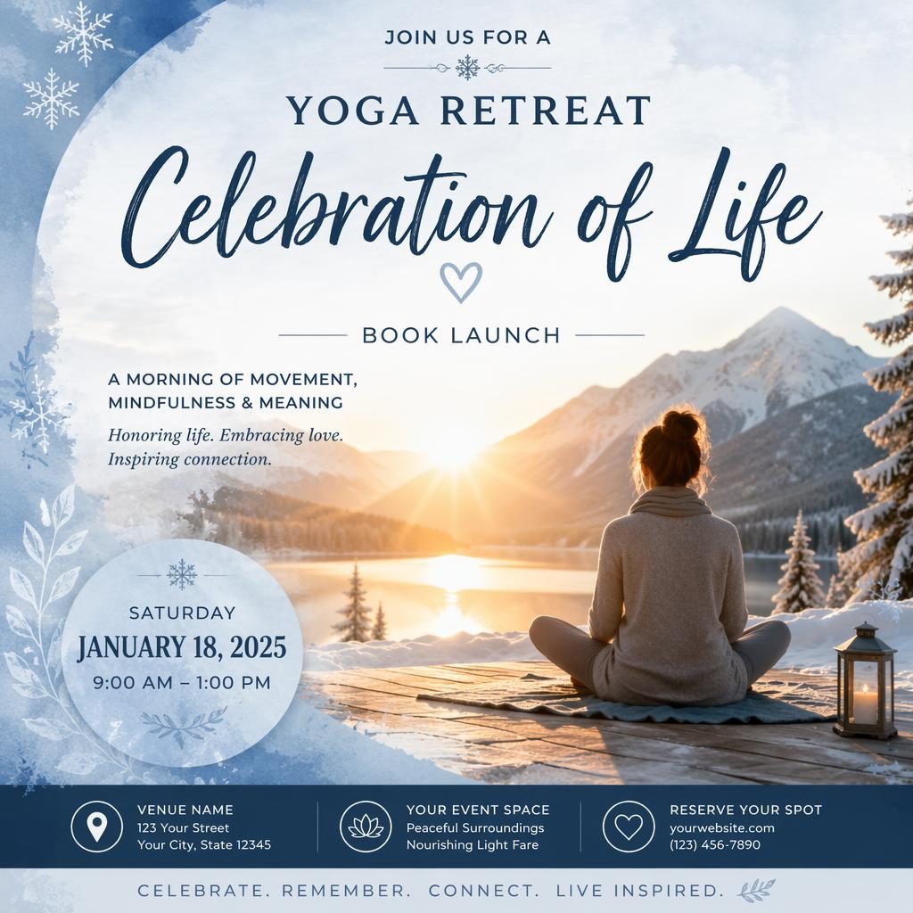 Photographic event poster of a sunrise yoga retreat in icy winter tones with clean English placeholder text for event name, date, and venue.