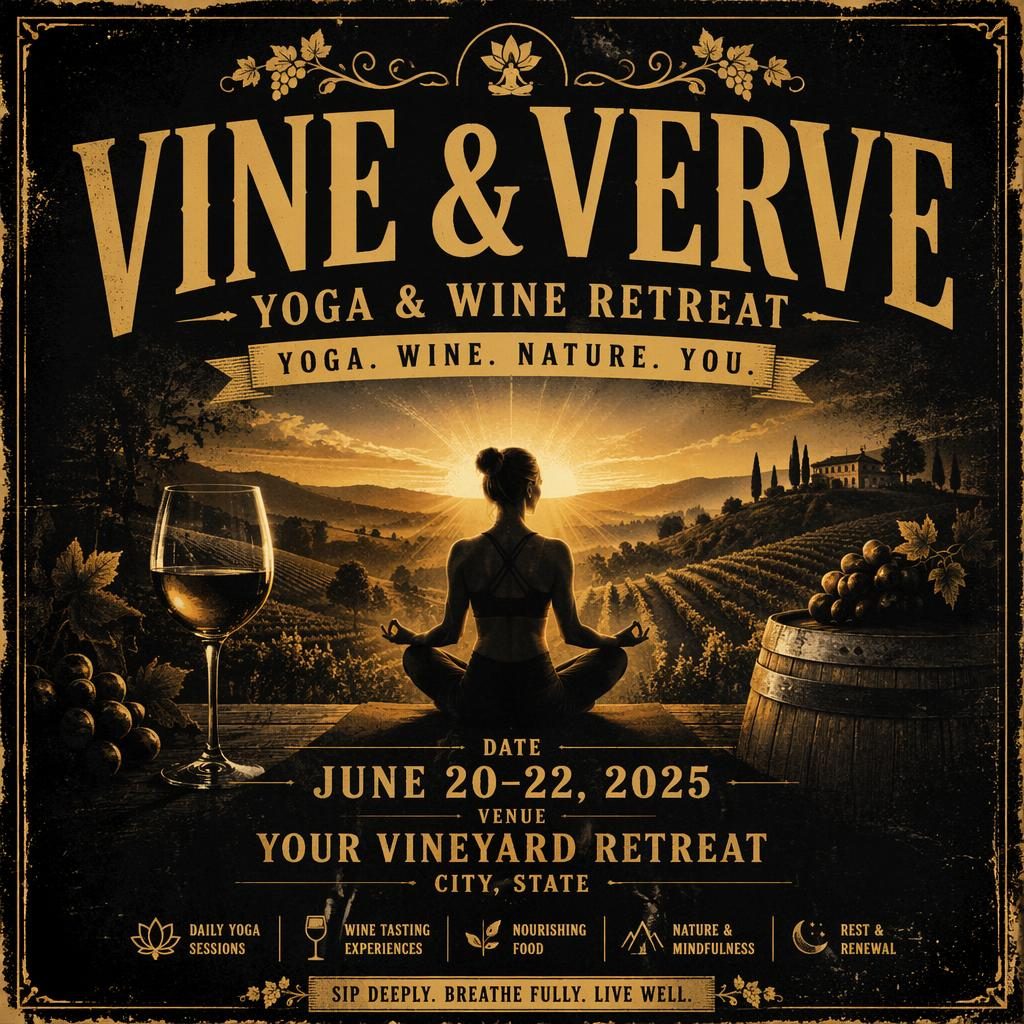 Grunge-style event poster for a wine tasting vineyard yoga retreat in black and gold with dreamy romantic imagery and sharp text placeholders.
